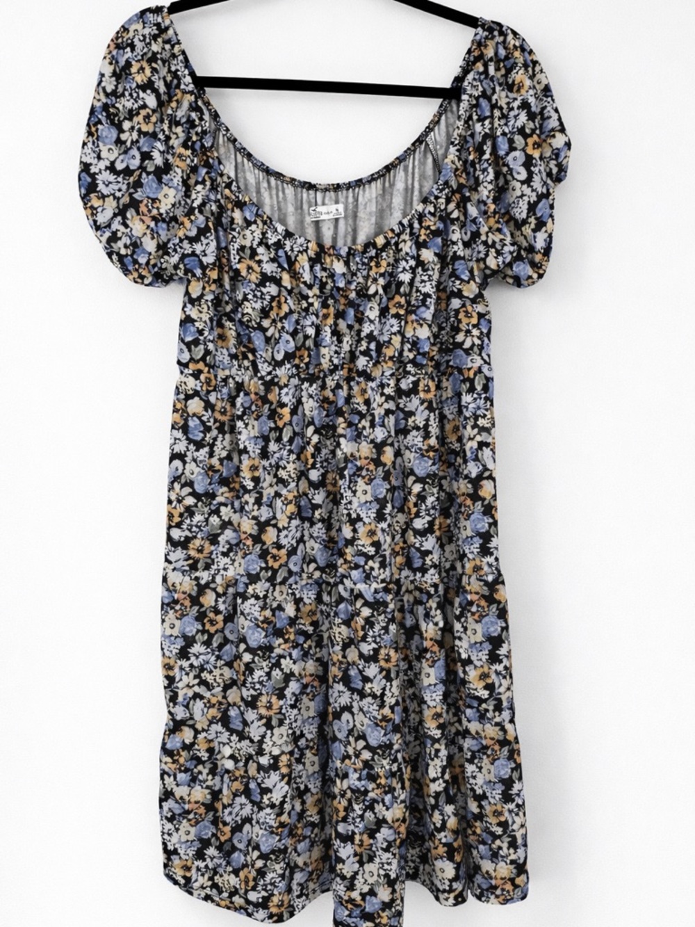 Hollister Floral Smocked Mini Dress Black Blue Yellow Ditsy Puff Sleeve Small - Picture 2 of 5
